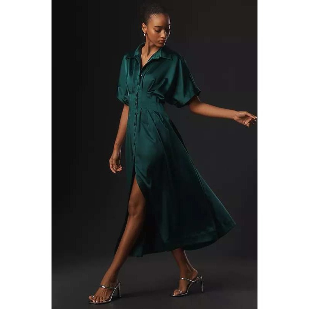 Exquise Tobie Satin Shirt Dress Cinched Waist Old Money Emerald Green Size Small